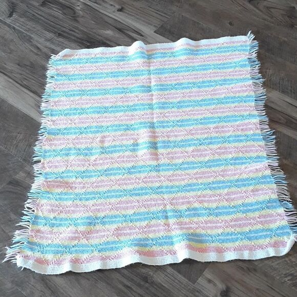 Beautiful pink, blue, yellow, and white 36" X 32" fringed blanket - Picture 1 of 6